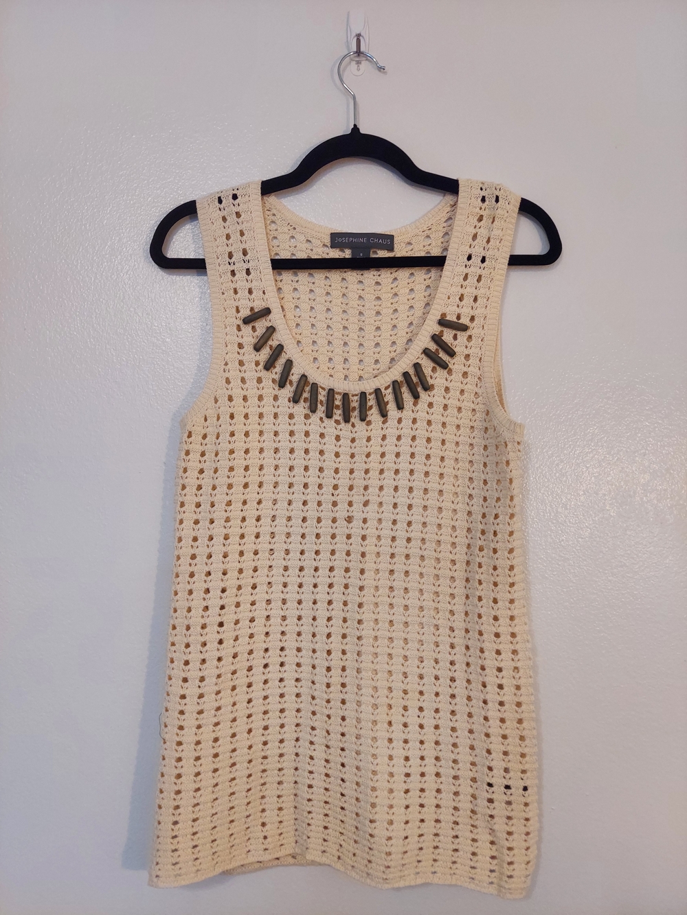 Josephine Chaus Cream Crochet Cotton Tank Tunic with Beaded Accent Size S